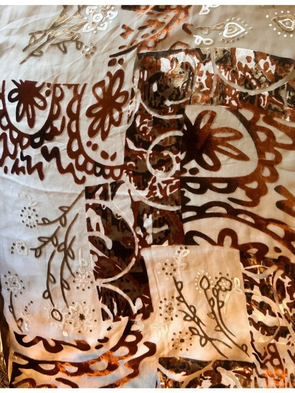 Velvet Burnout Scarf With Fringe -Brown Green Taupe Rust Cream -80
